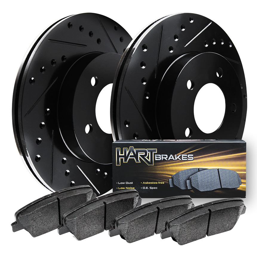 Hart Brakes Front Rear Black Drilled/Slotted Brake Rotors Ceramic Brake Pads